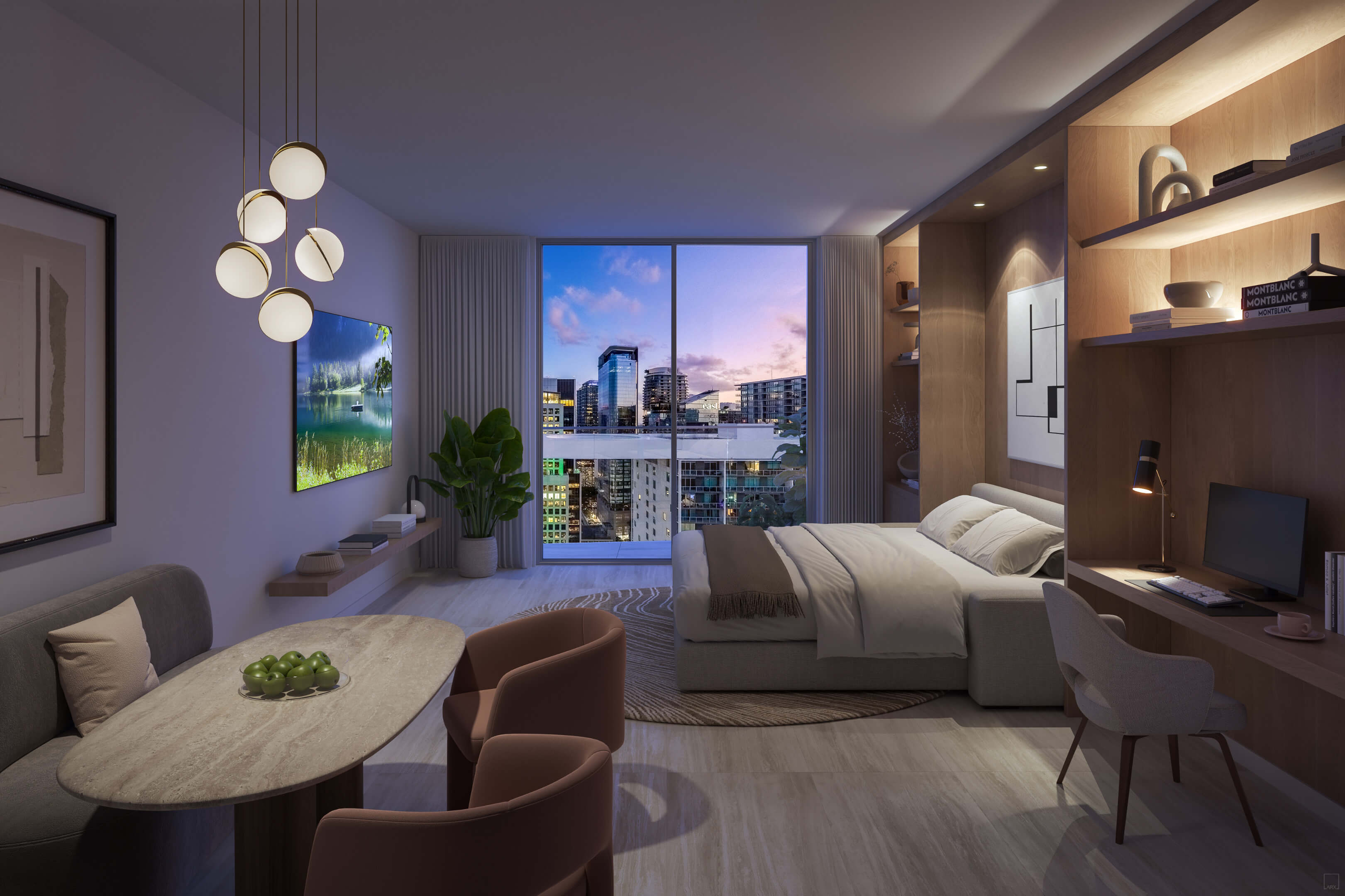 Contemporary nighttime interior at Viceroy Brickell with view of waterfront and skyline