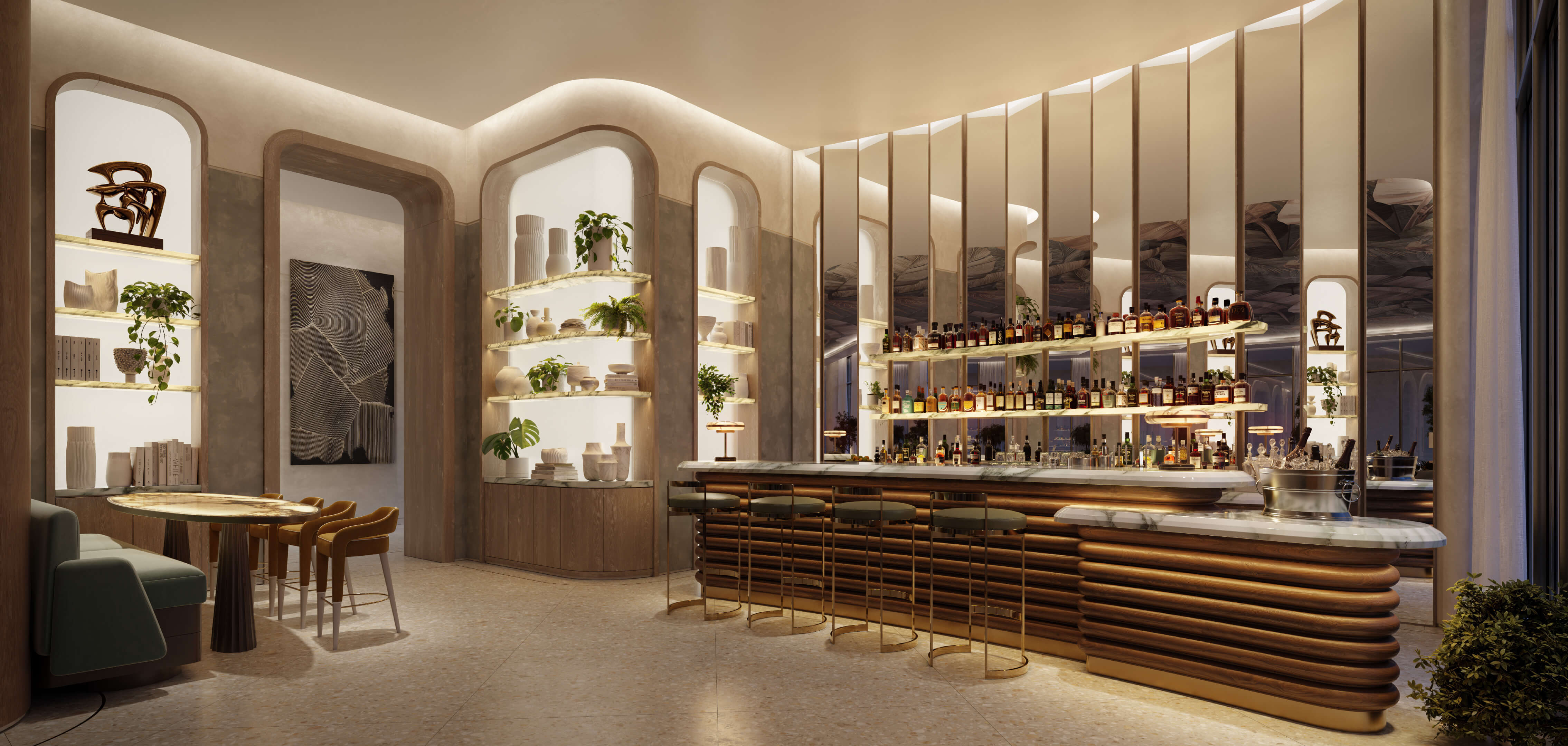 Elegant cocktail bar with mirrored back wall and designer lighting at Viceroy Brickell