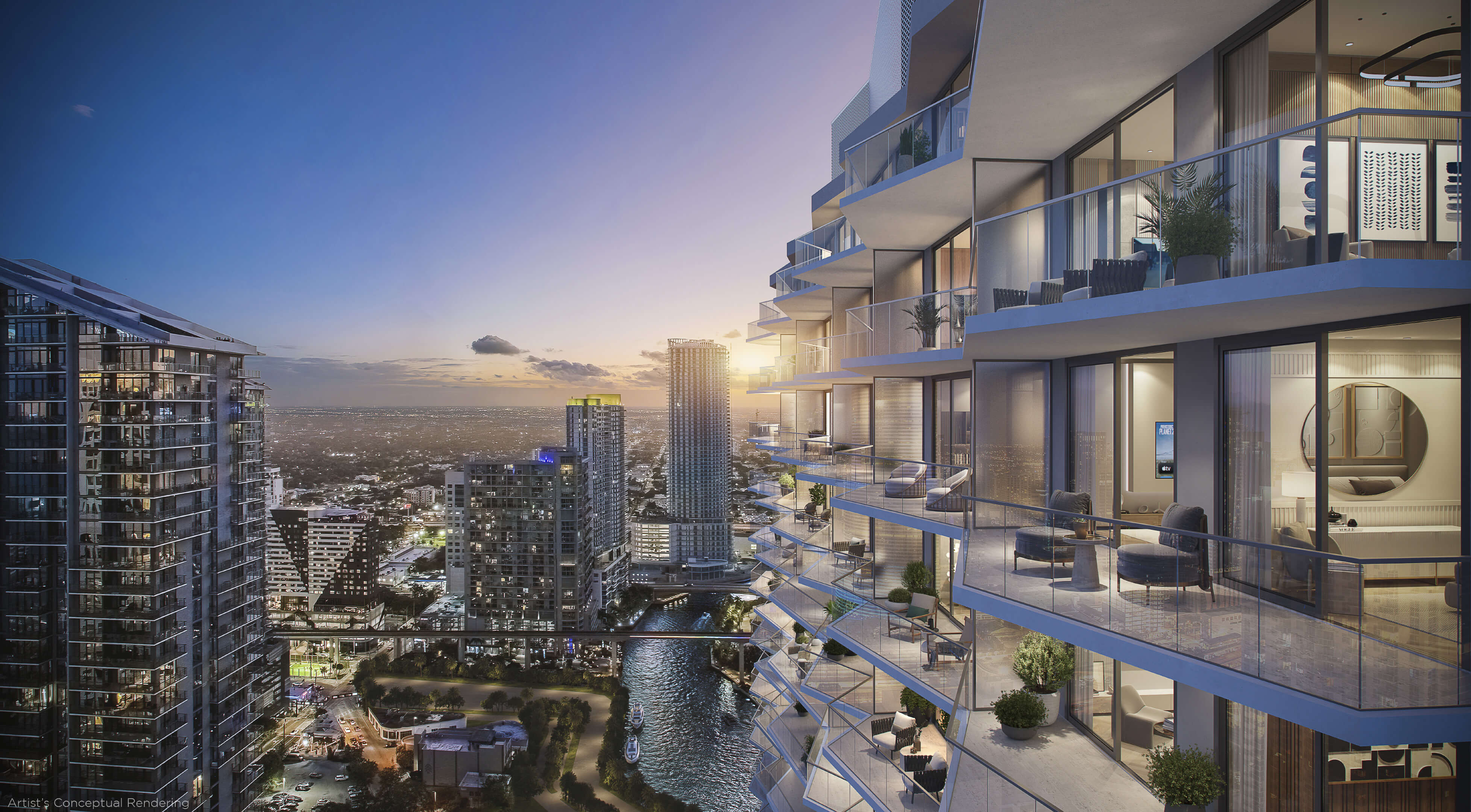 Sunset view from Viceroy Brickell balcony showcasing Miami skyline and luxury high-rise living