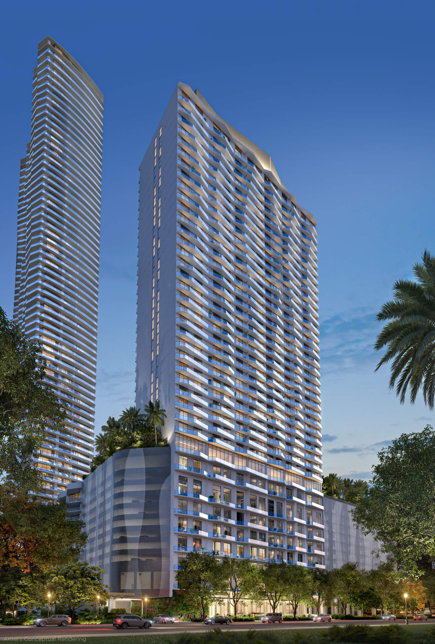 Evening view of Viceroy Brickell twin towers showcasing modern architectural design in Miami
