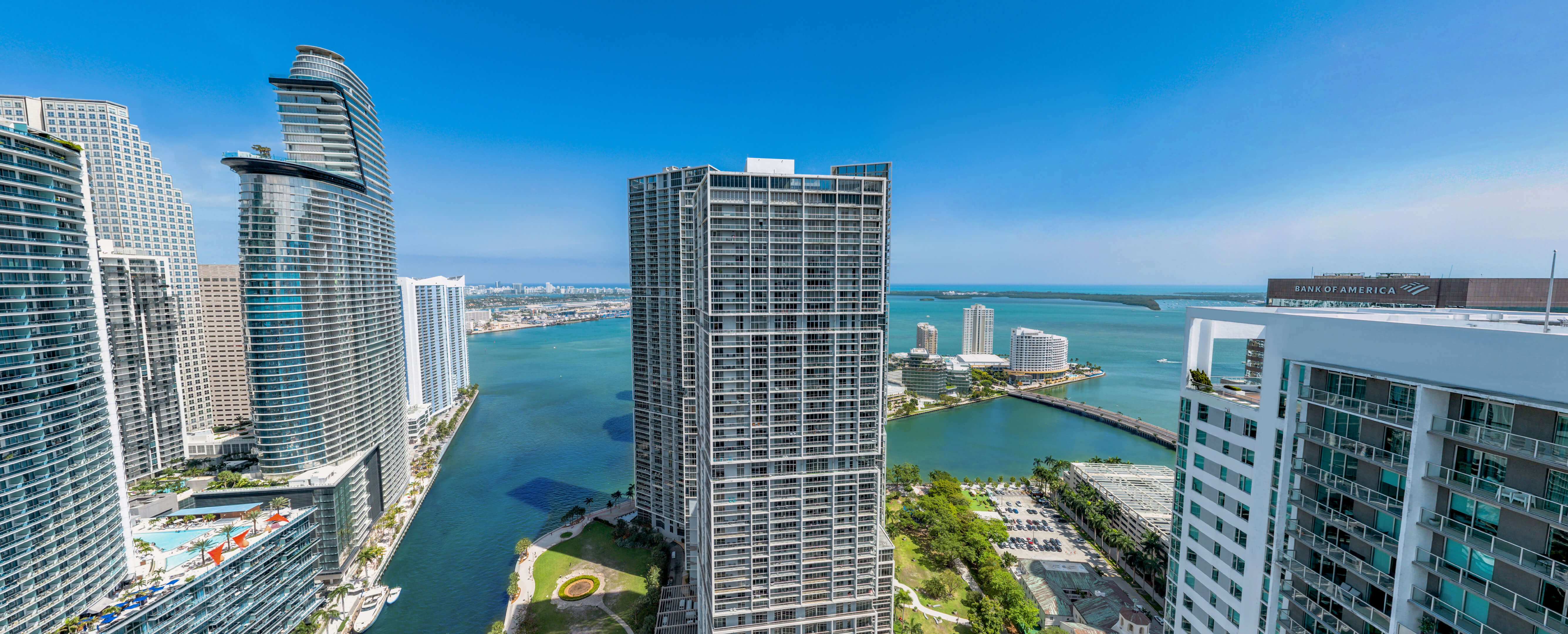 Waterfront luxury condos and towers including Viceroy Brickell overlooking Biscayne Bay in Miami