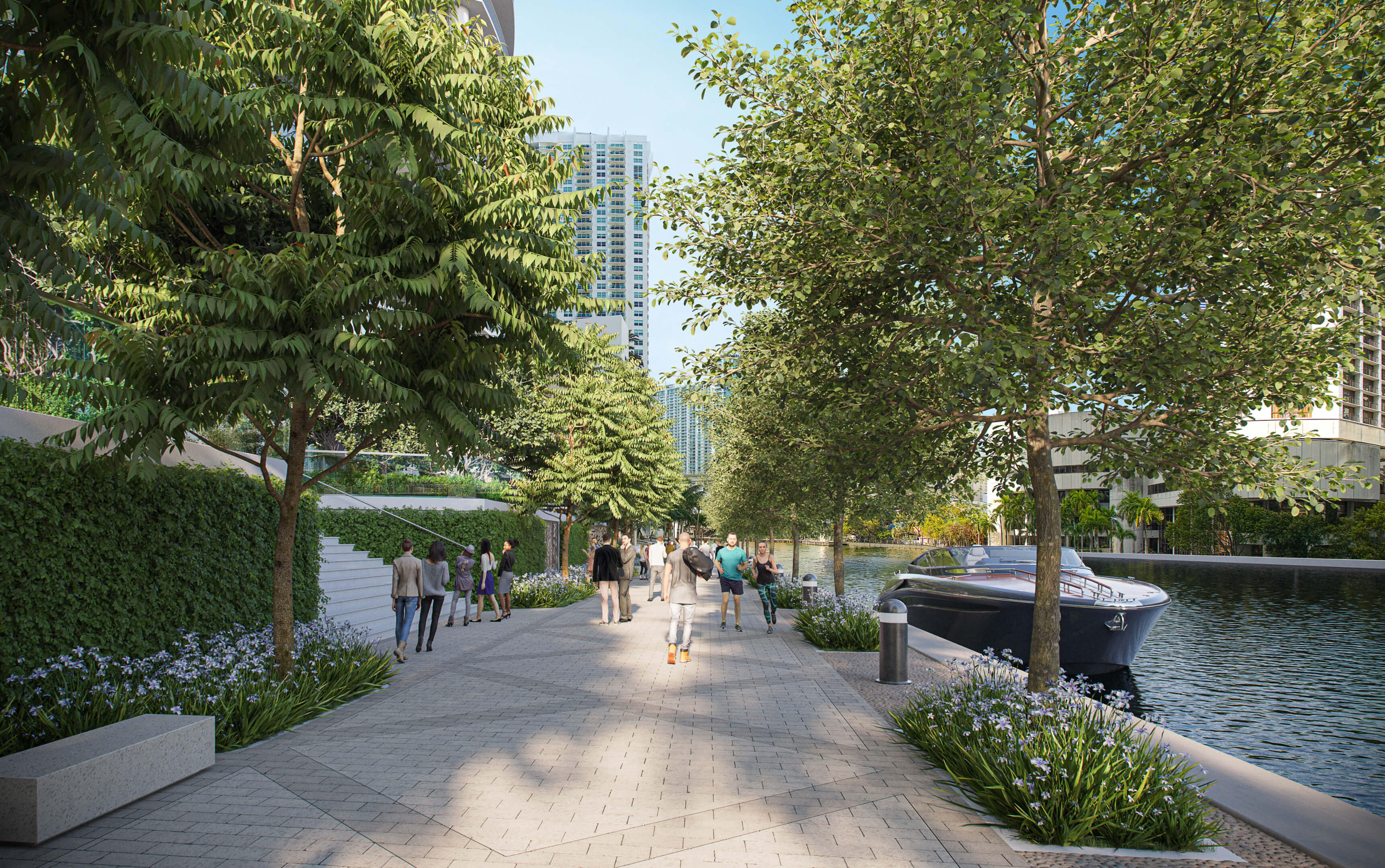 Tree-lined waterfront promenade near Viceroy Brickell offering scenic urban walking paths in Miami