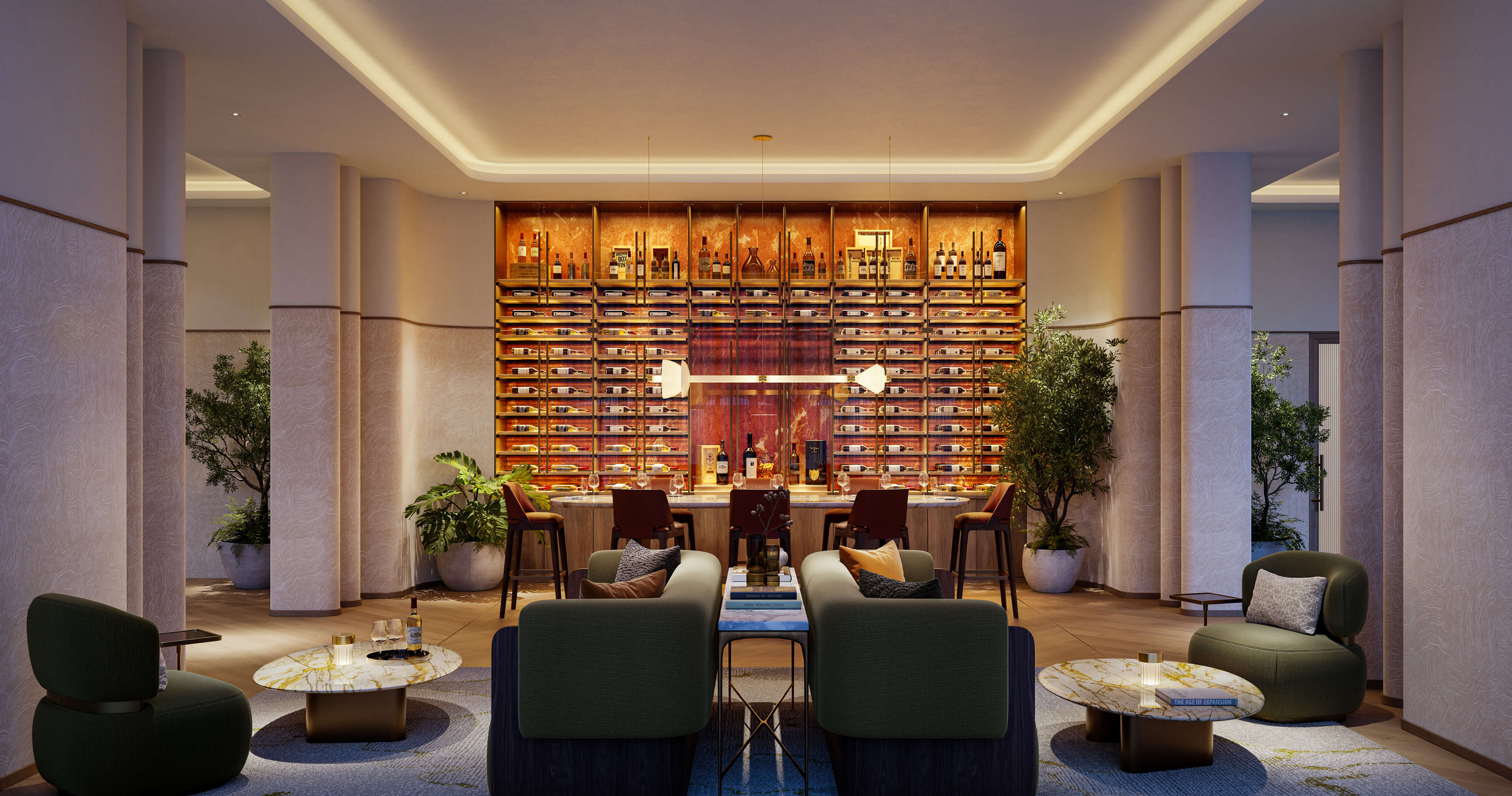 Luxury wine cellar lounge with warm lighting and plush seating at Viceroy Brickell
